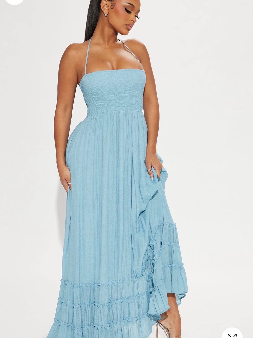 Fashion Nova Light Blue Halter Smocked Maxi Dress